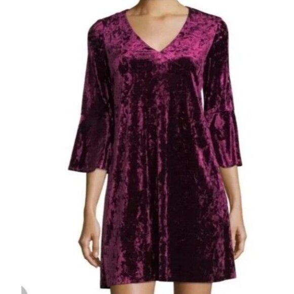Eliza J Purple Crushed Velvet Bell Sleeve Dress‎ Size 4 Cocktail Goth Vamp - Picture 1 of 9